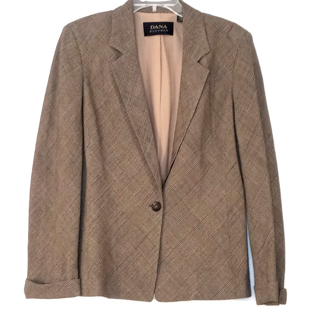 Dana Buchman Sz L 12 Blazer Tan Brown Wool Glen Check Jacket